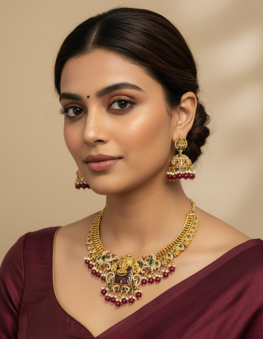 Maroon Stone Laxmi Mata Jalebi Necklace SRJN01