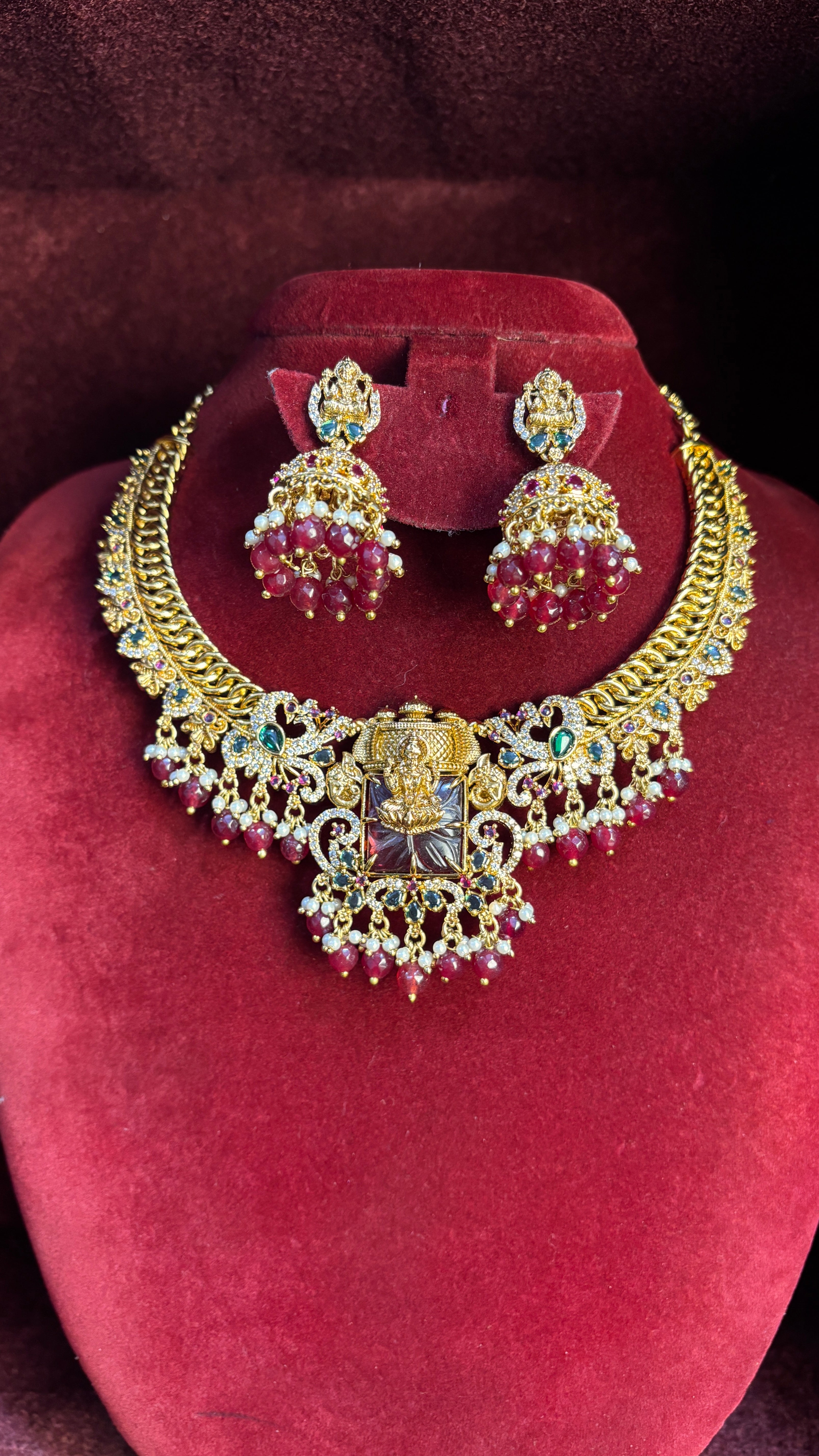 Maroon Stone Laxmi Mata Jalebi Necklace SRJN01