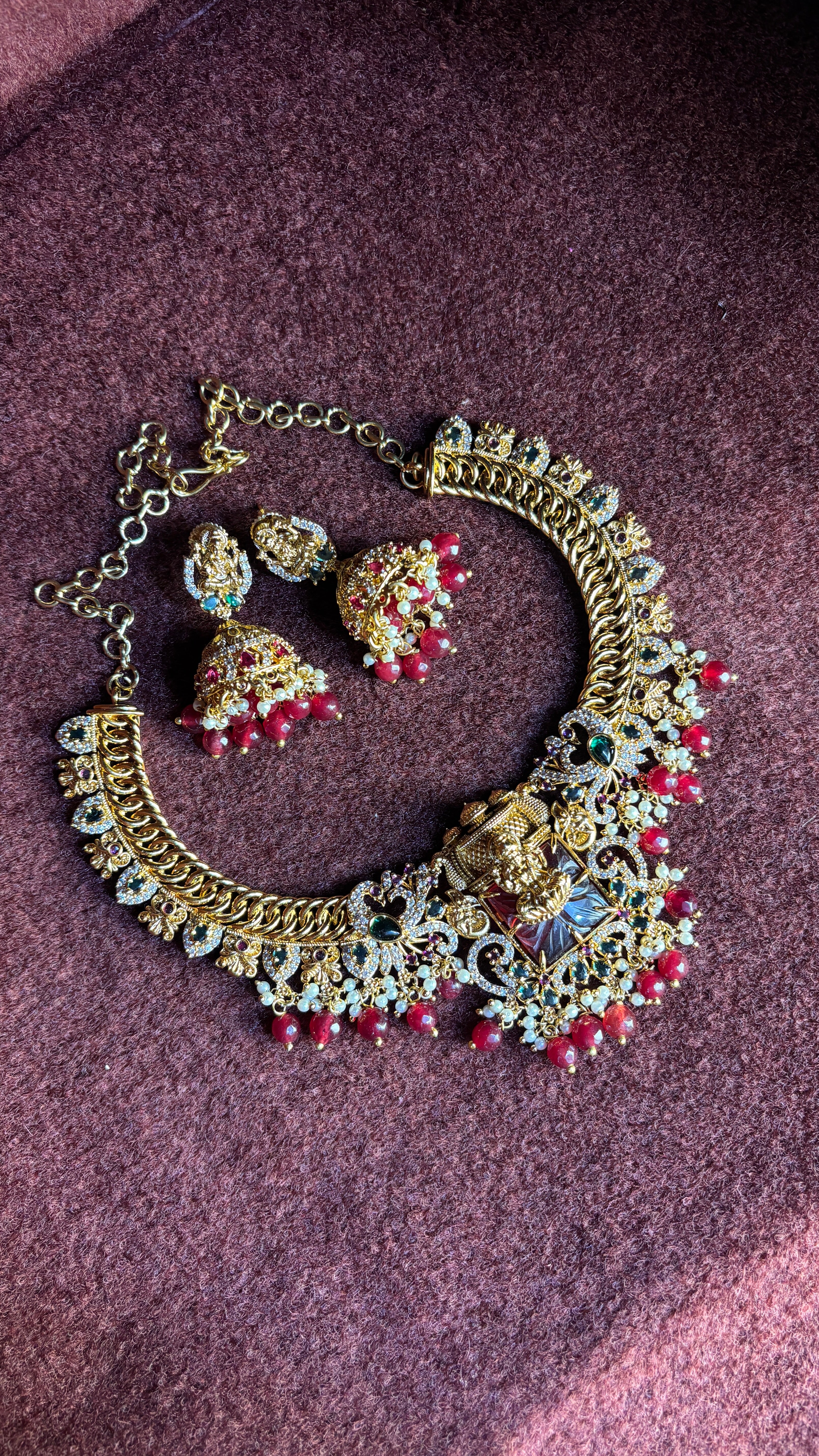 Maroon Stone Laxmi Mata Jalebi Necklace SRJN01