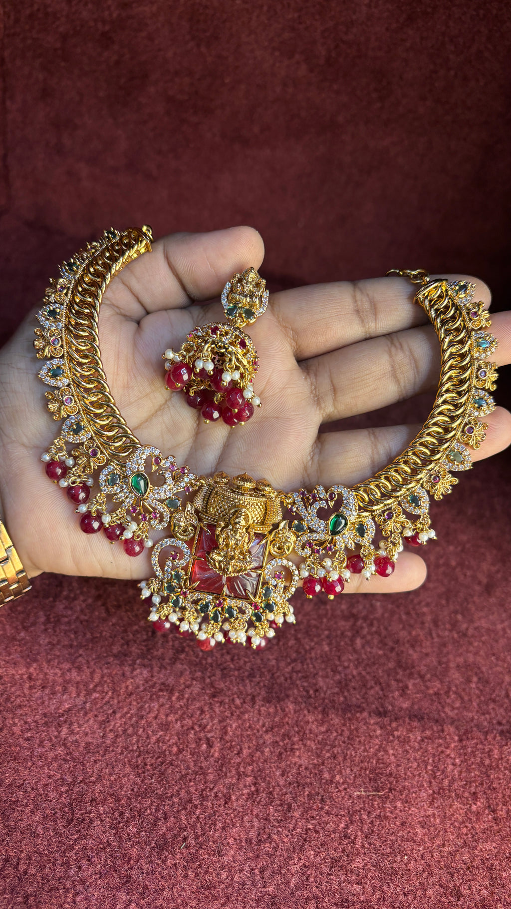 Maroon Stone Laxmi Mata Jalebi Necklace SRJN01