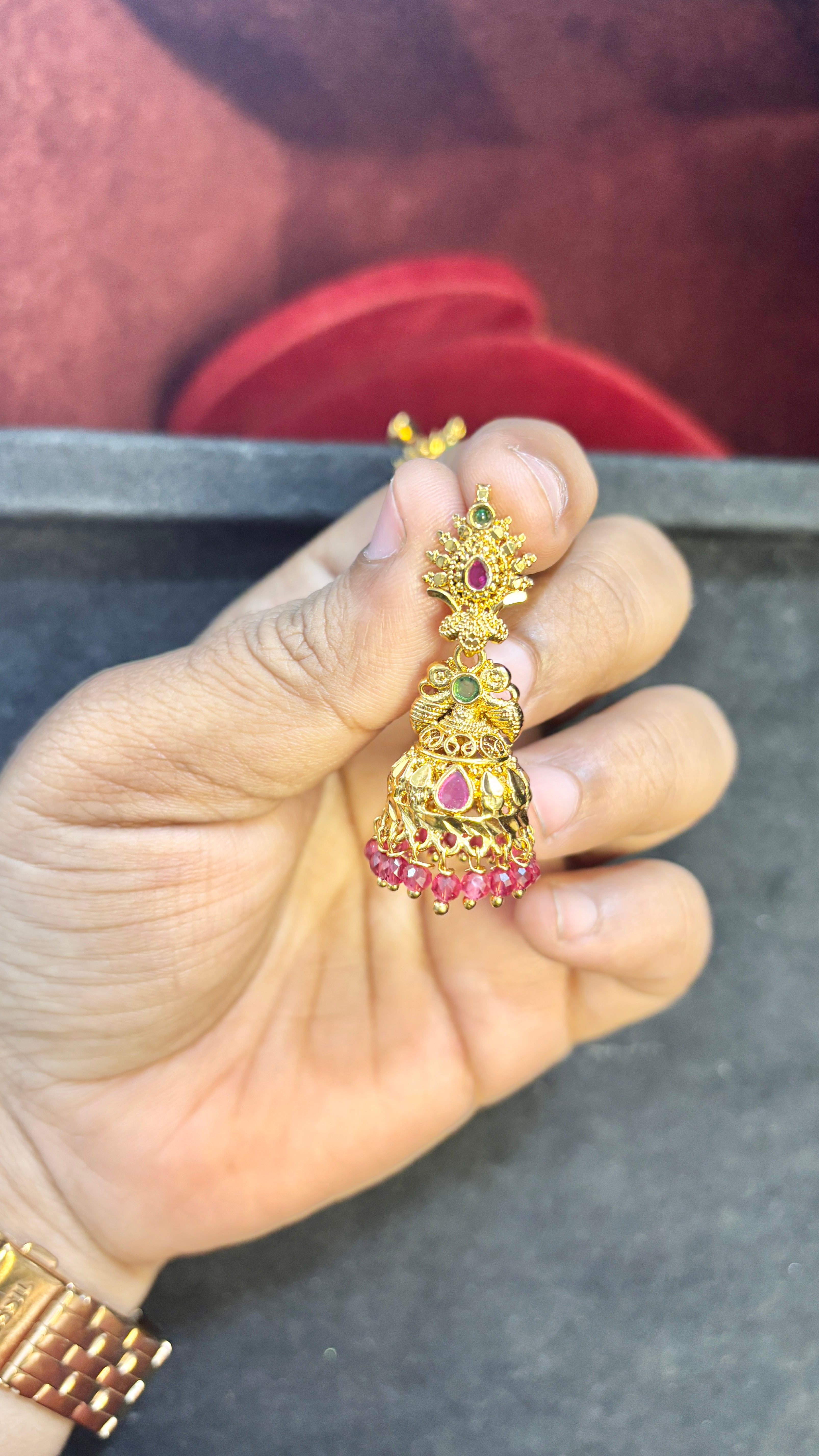 Pink Beads Peacock Jhumka (Medium)
