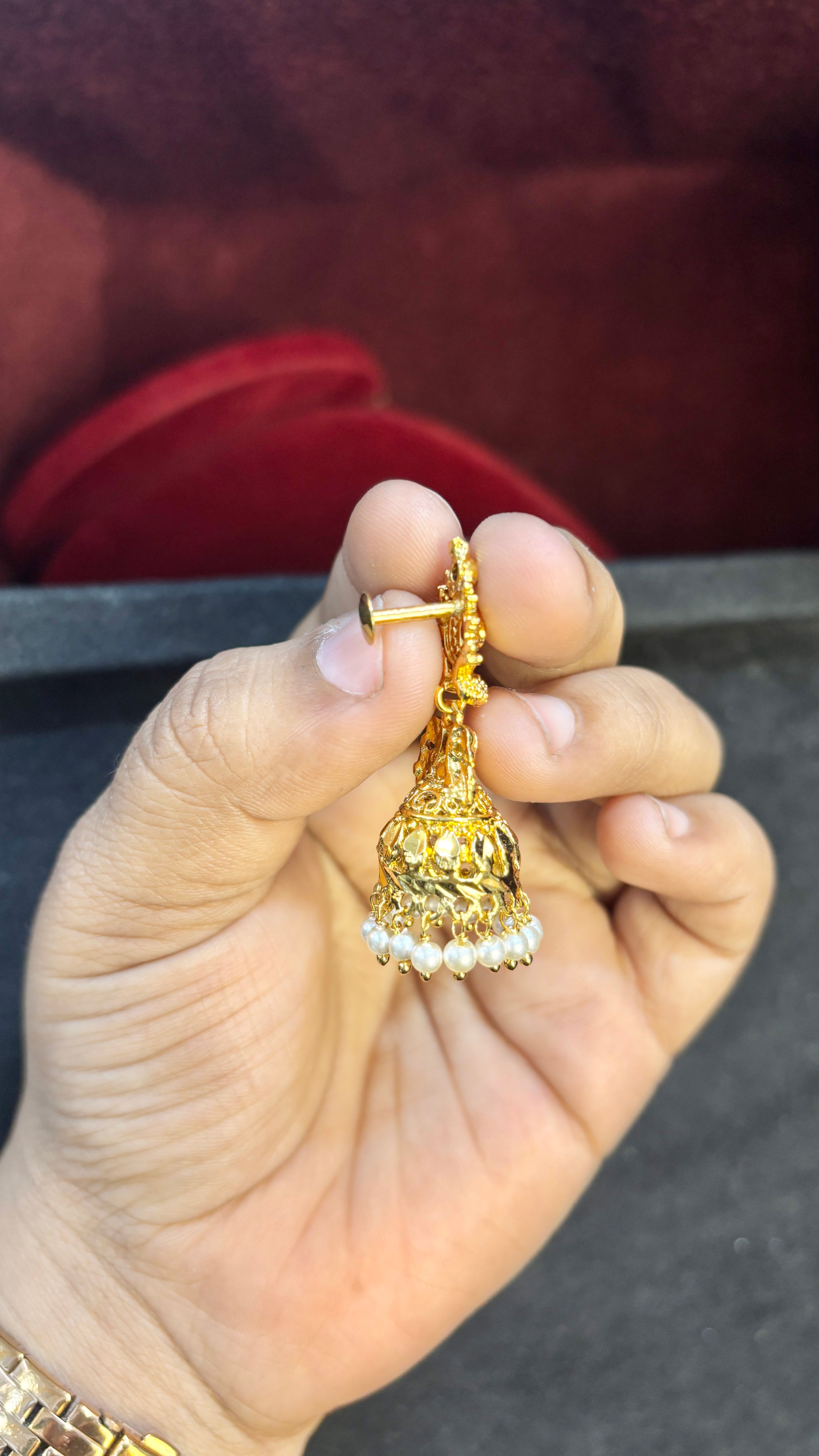 White Beads Peacock Jhumka (Medium)