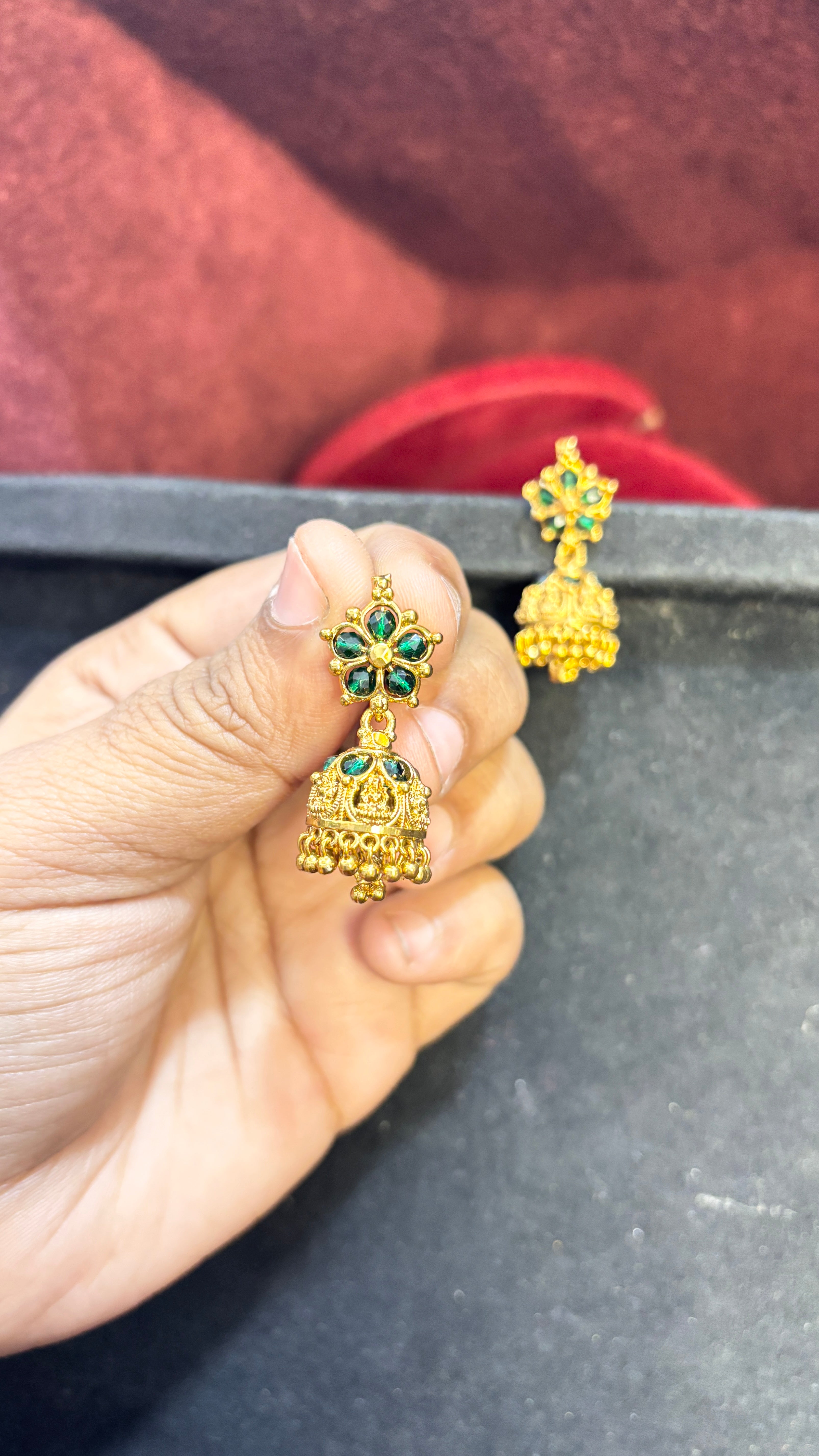 Green Beads Laxmi Devi Jhumka (Medium)