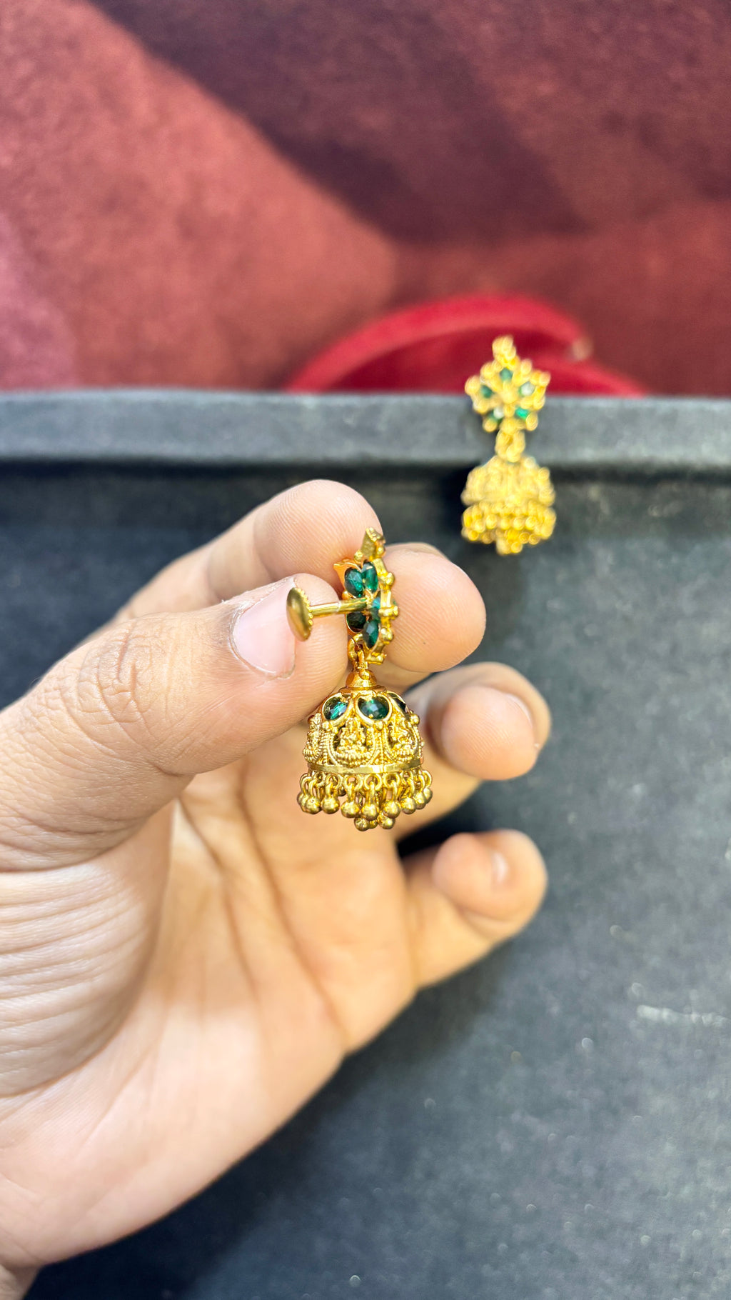 Green Beads Laxmi Devi Jhumka (Medium)