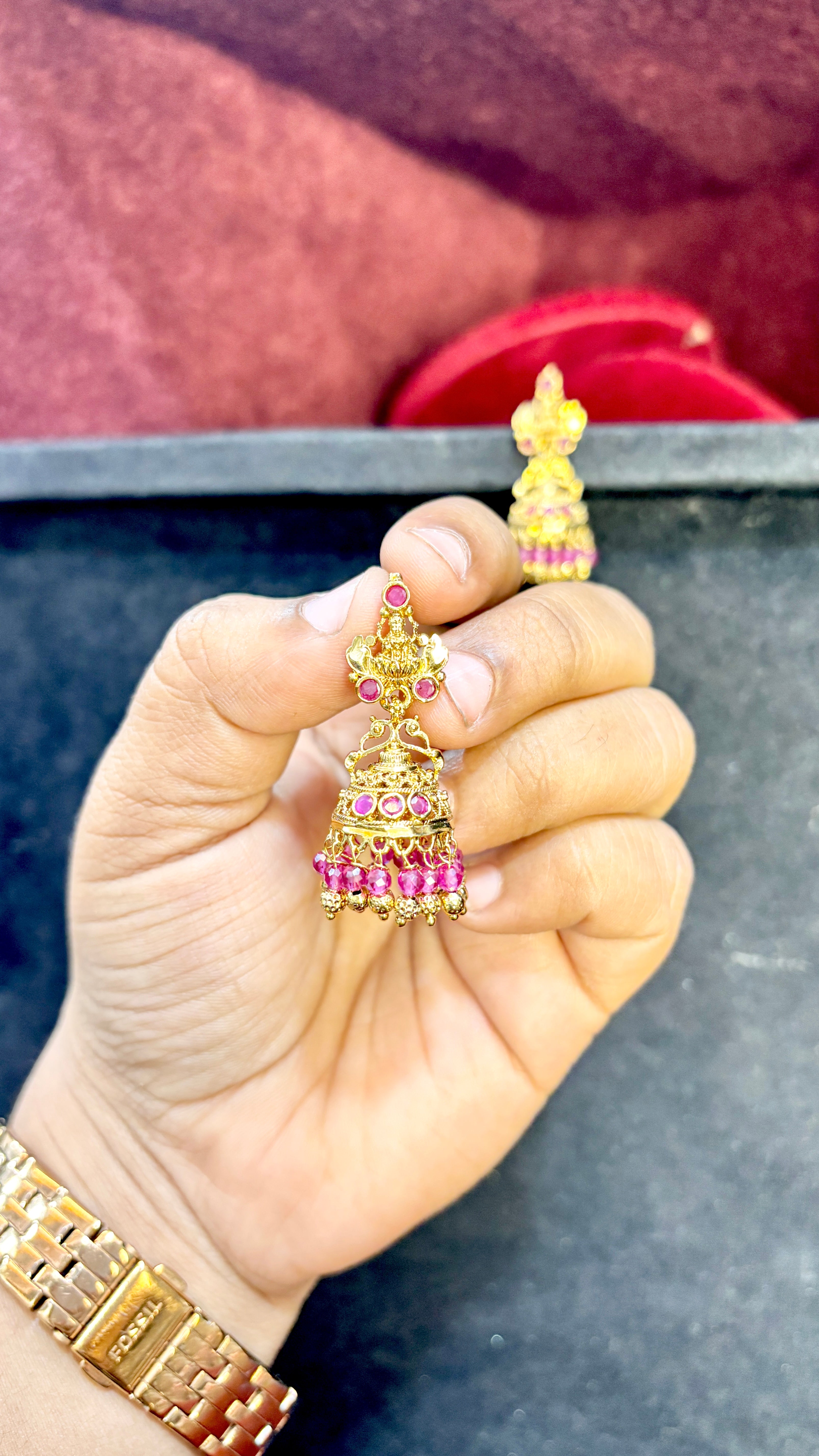 Pink Beads Laxmi Devi Jhumka (Big)