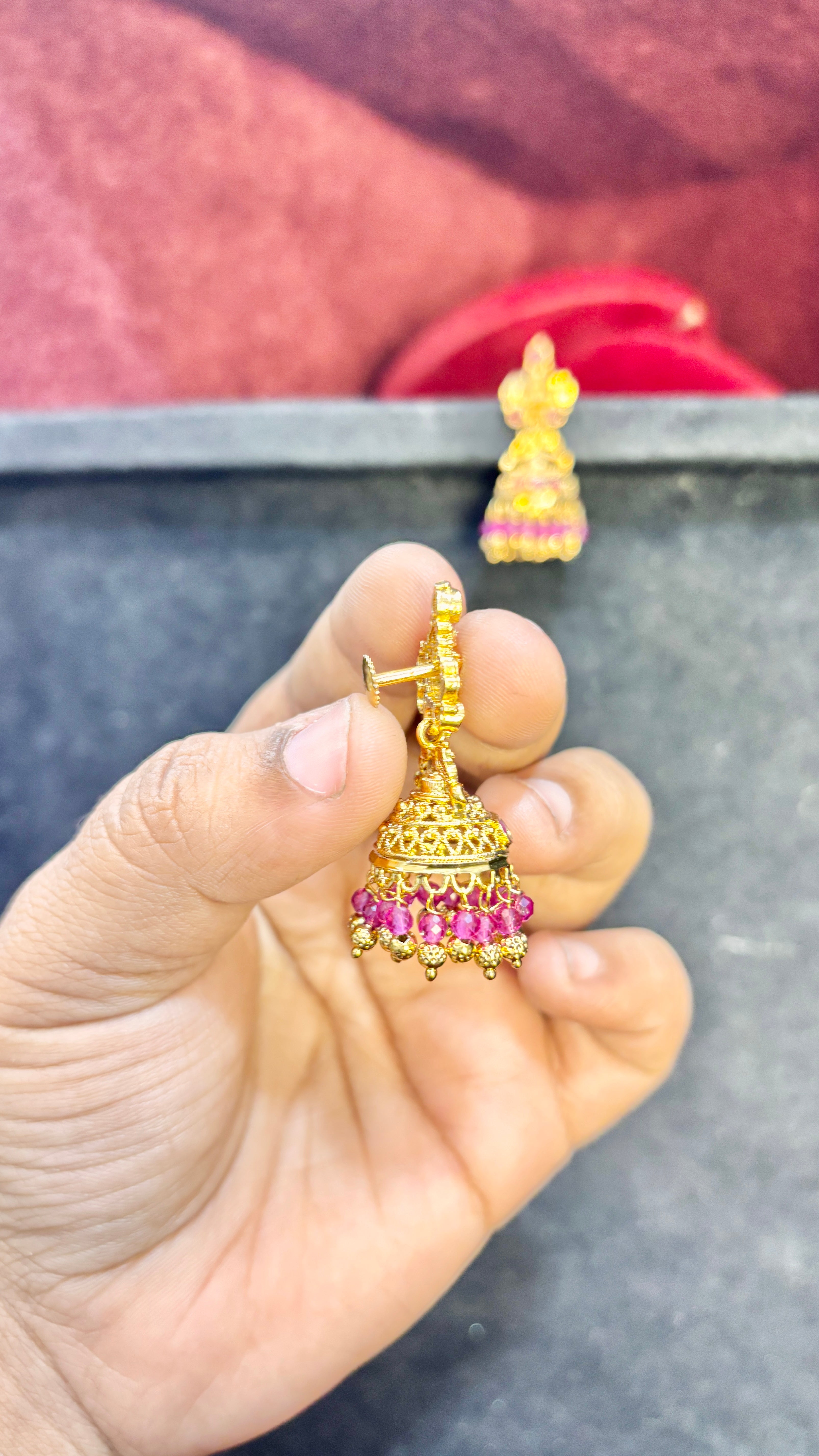 Pink Beads Laxmi Devi Jhumka (Big)