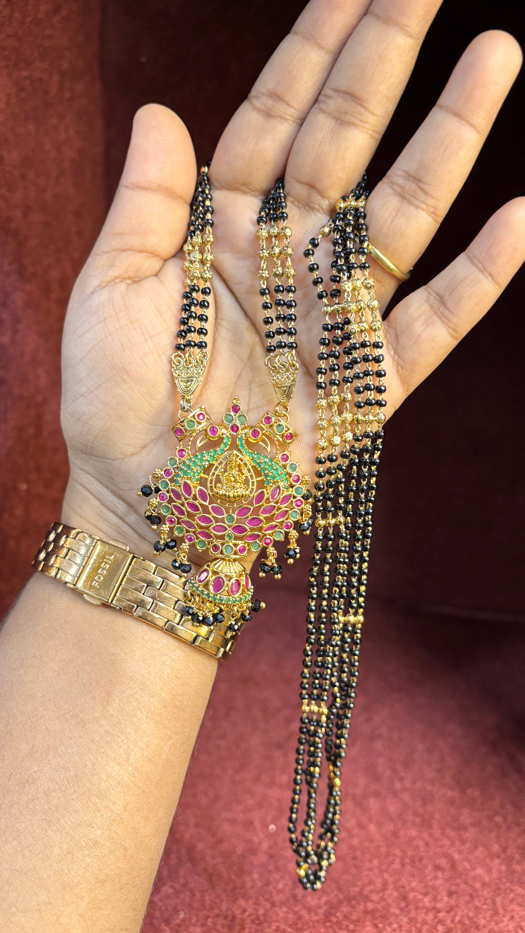 3 Line Laxmi Maata Long Black Beads SRJLBB01