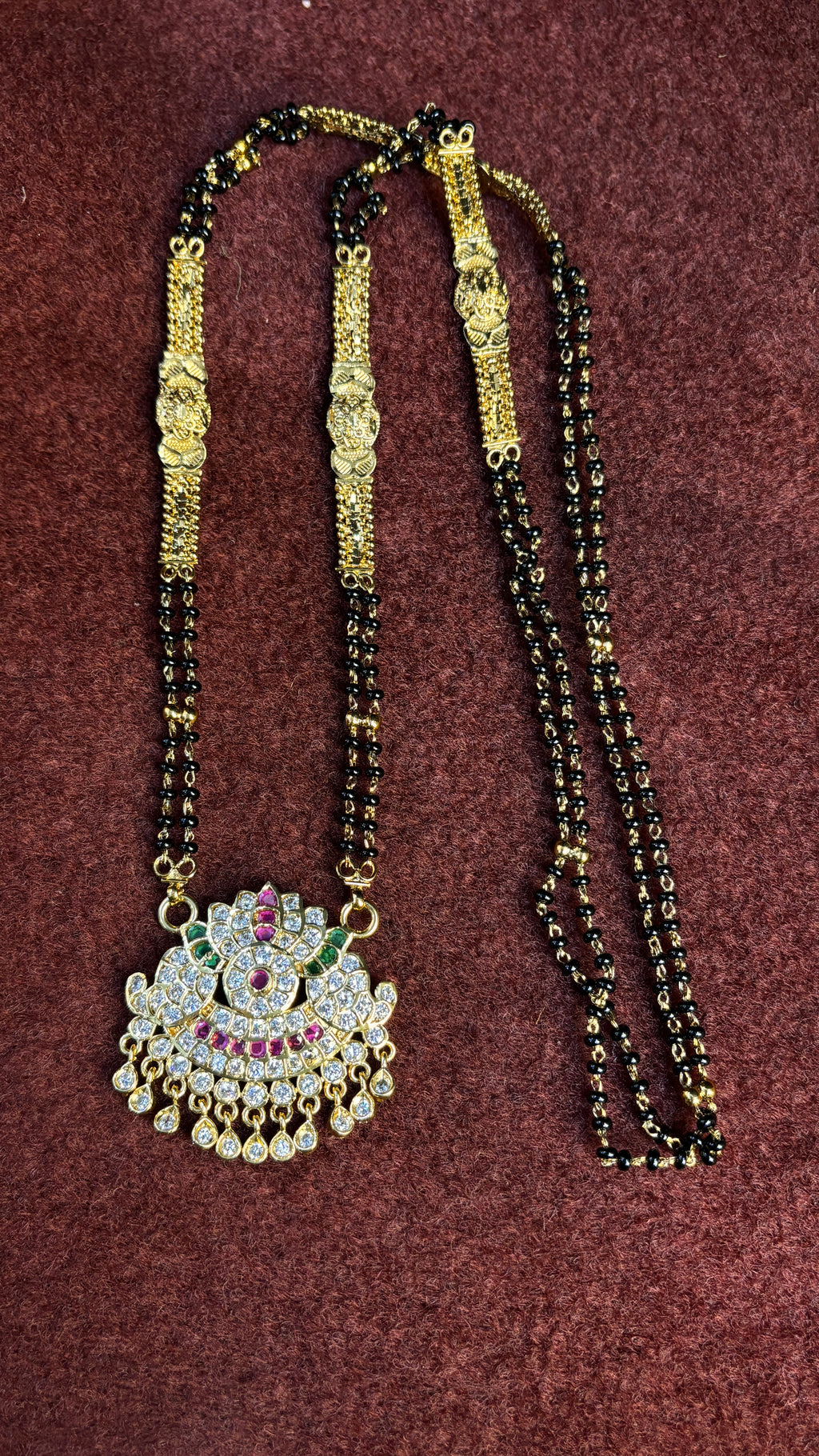 2 Line White Stone Long Black Beads SRJLBB02