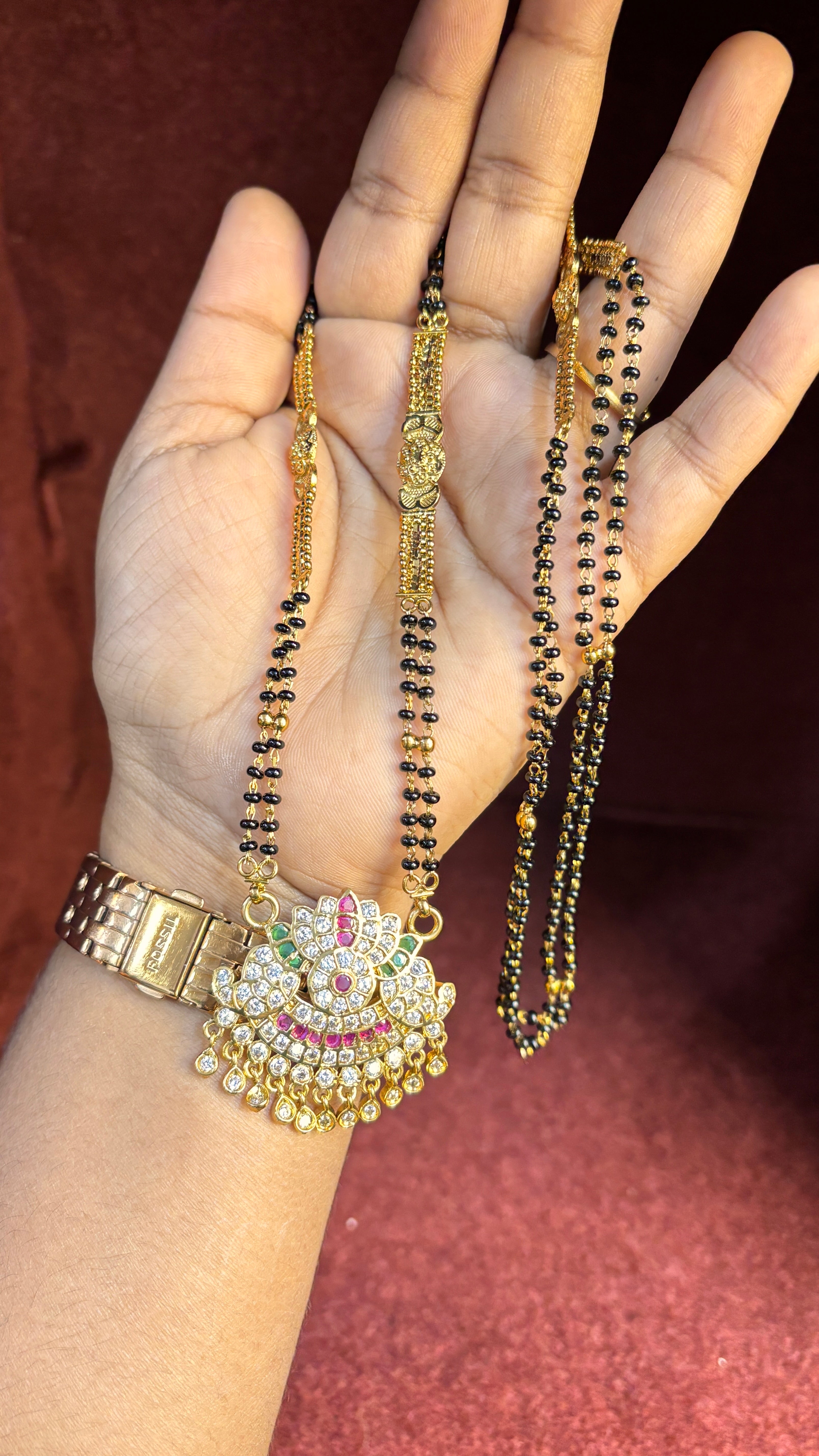 2 Line White Stone Long Black Beads SRJLBB02