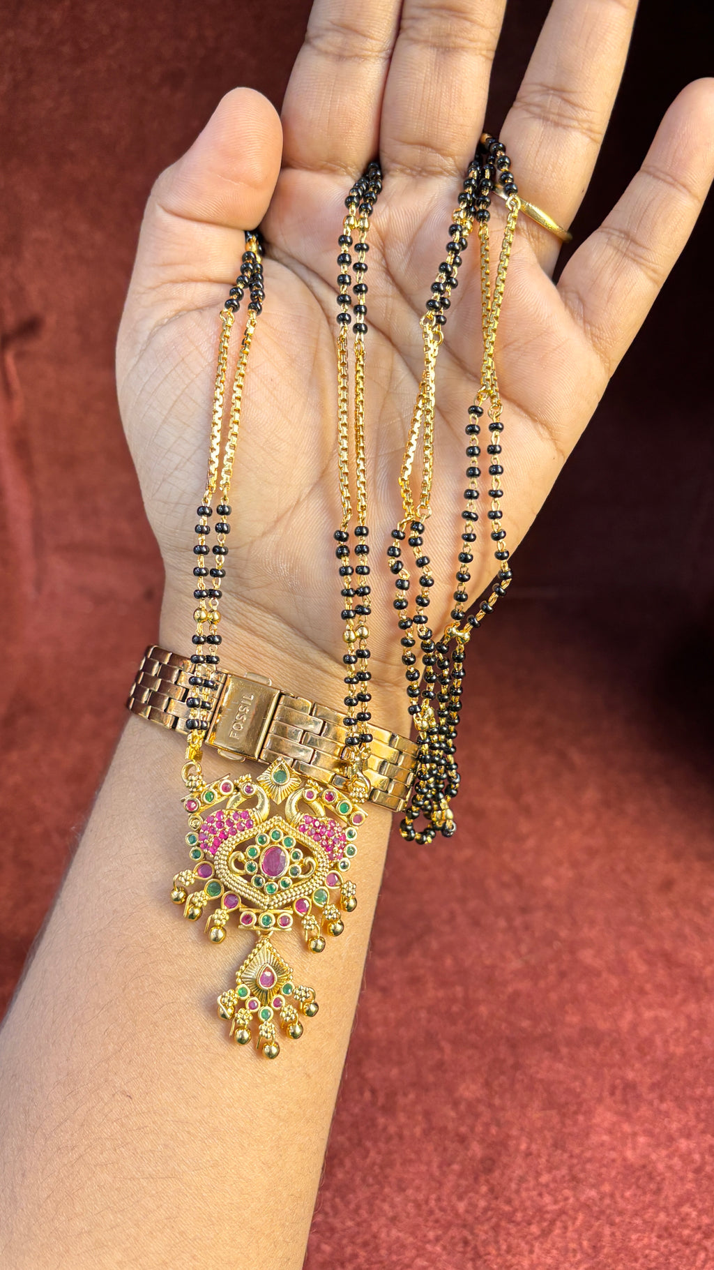 2 Line Long Chain Black Beads SR Locket SRJLBB07